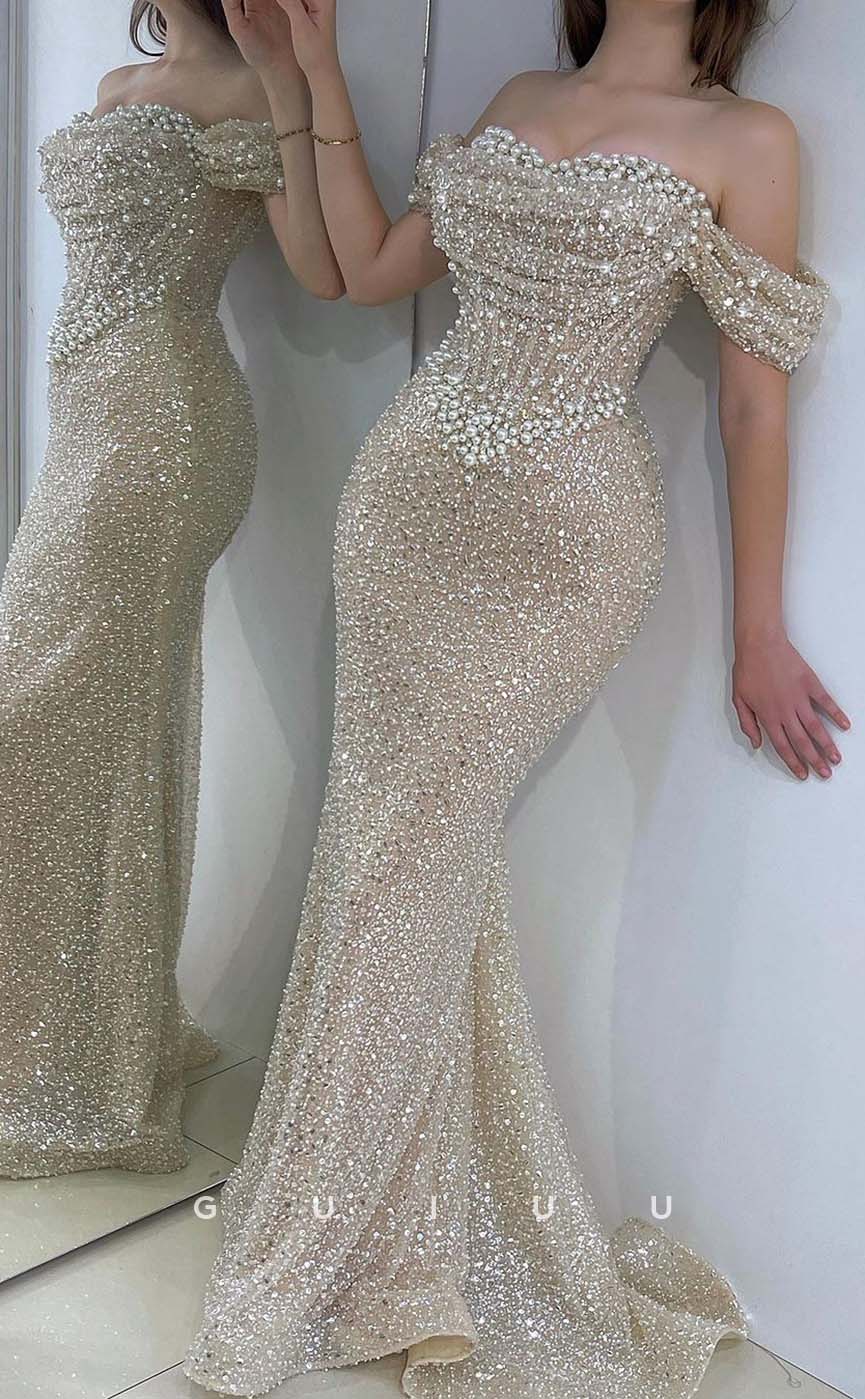 G3275 - Chic & Modern Beaded Off-Shoulder Pleats Champagne Party Prom Evening Dresses