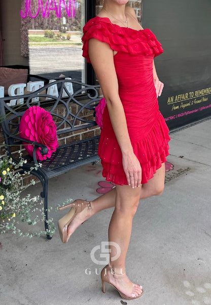 Red One Shoulder Sleeveless Ruched Mini Homecoming Dress