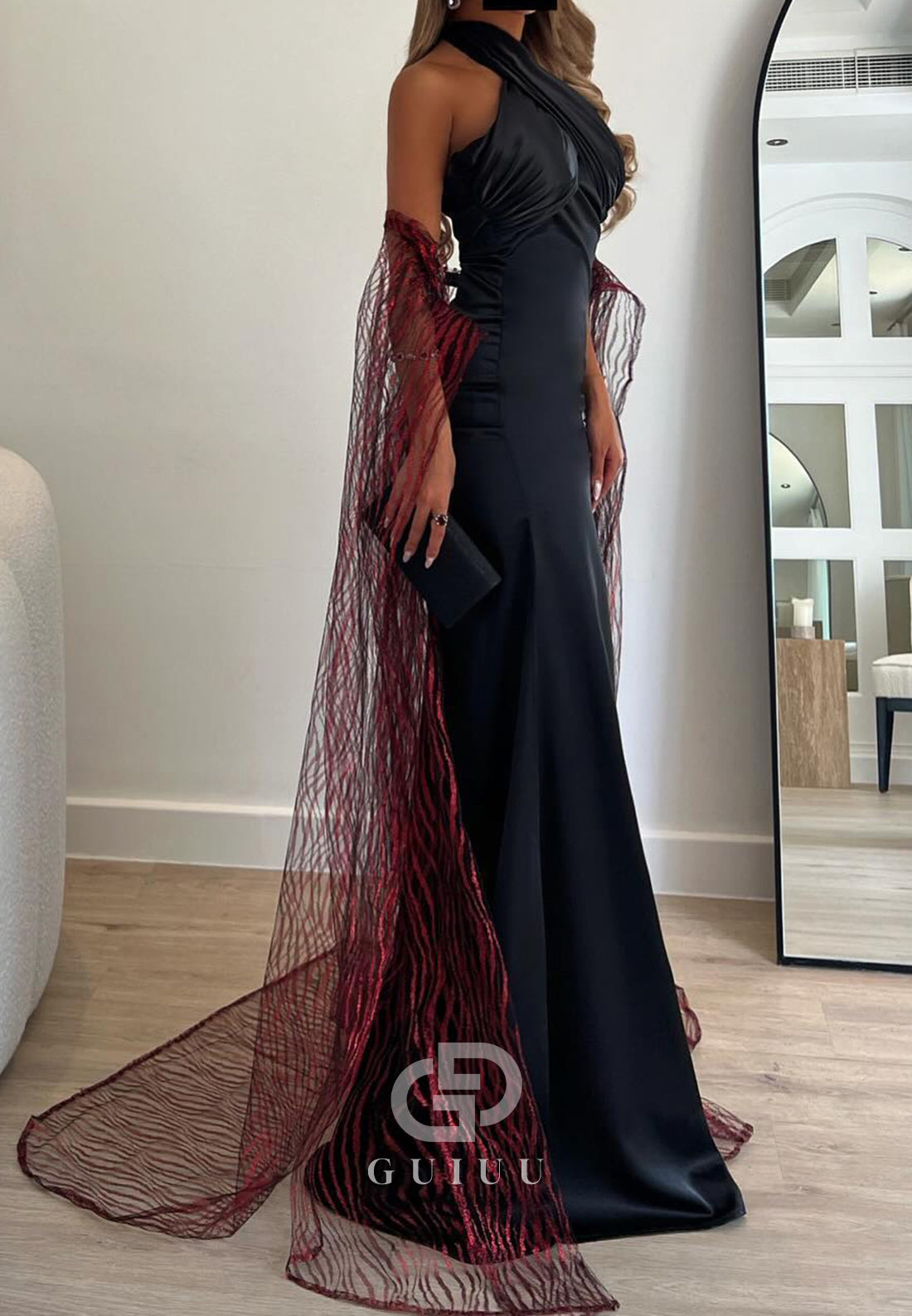 Black Halter Sleeveless Cape Ruched Prom Dress