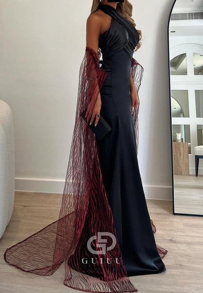 Black Halter Sleeveless Cape Ruched Prom Dress