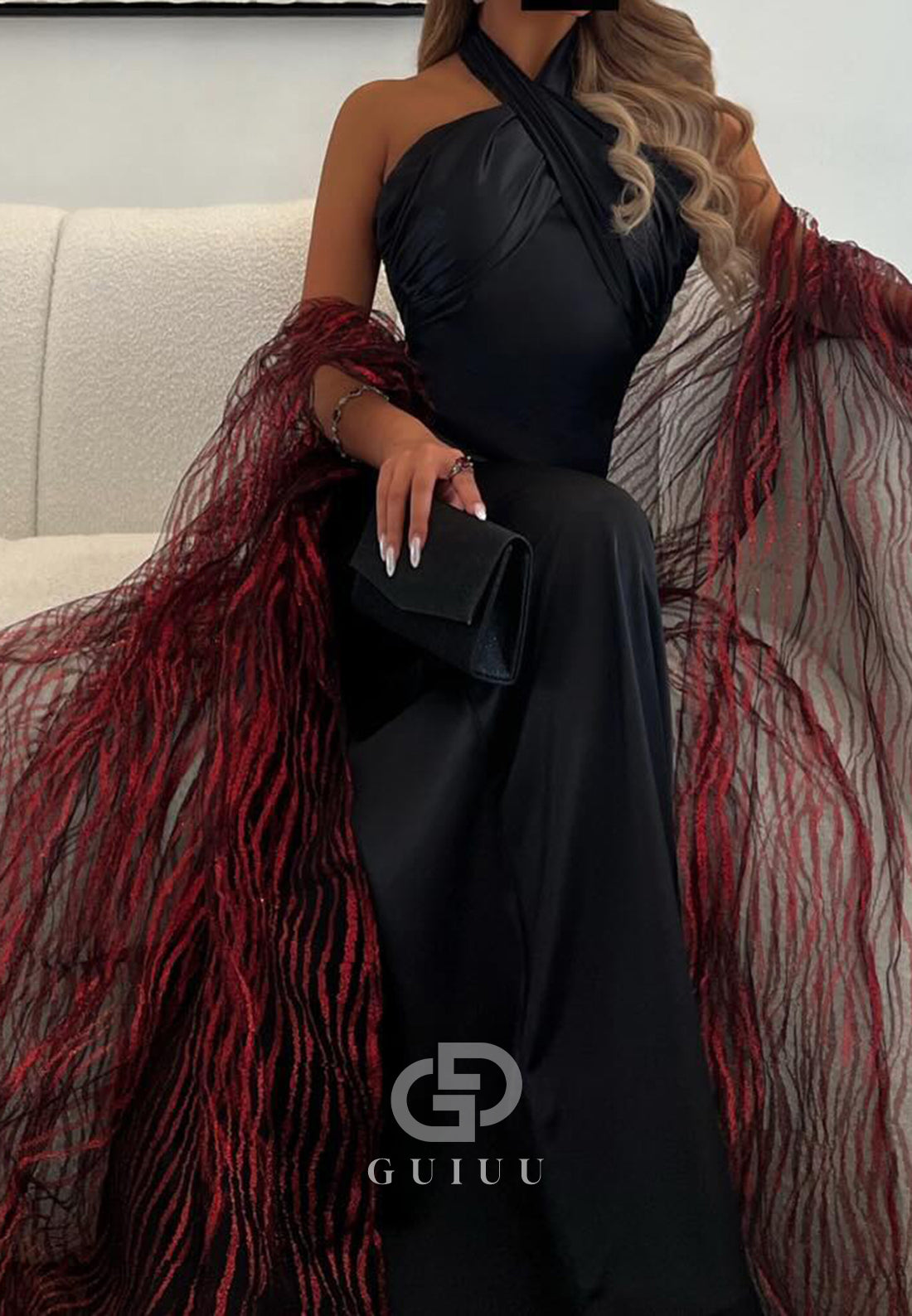 Black Halter Sleeveless Cape Ruched Prom Dress