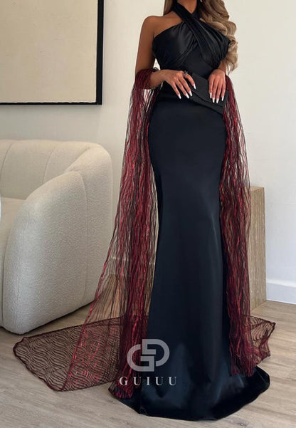 Black Halter Sleeveless Cape Ruched Prom Dress