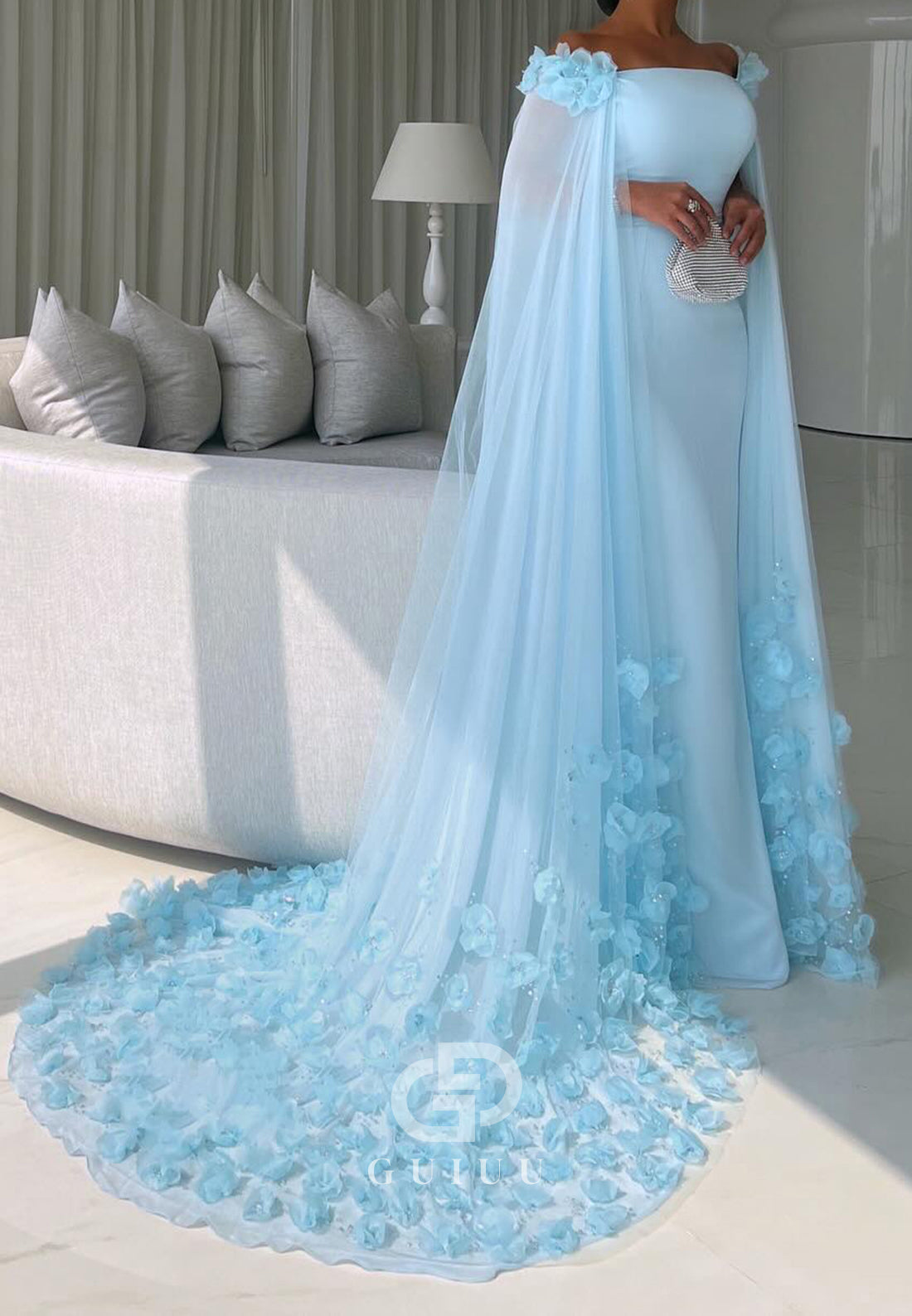 Charming A-Line Off-Shoulder Floral Appliques Sweep Train Prom Dress