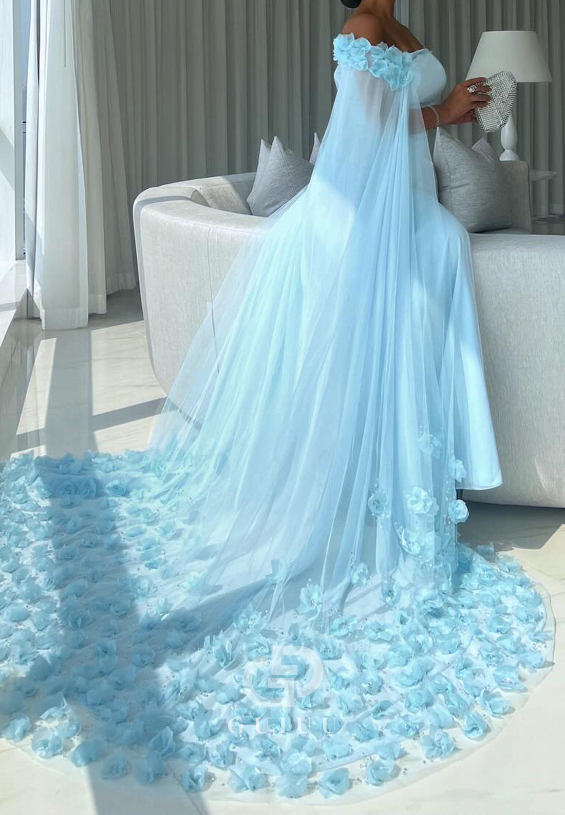 Charming A-Line Off-Shoulder Floral Appliques Sweep Train Prom Dress