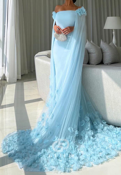 Charming A-Line Off-Shoulder Floral Appliques Sweep Train Prom Dress