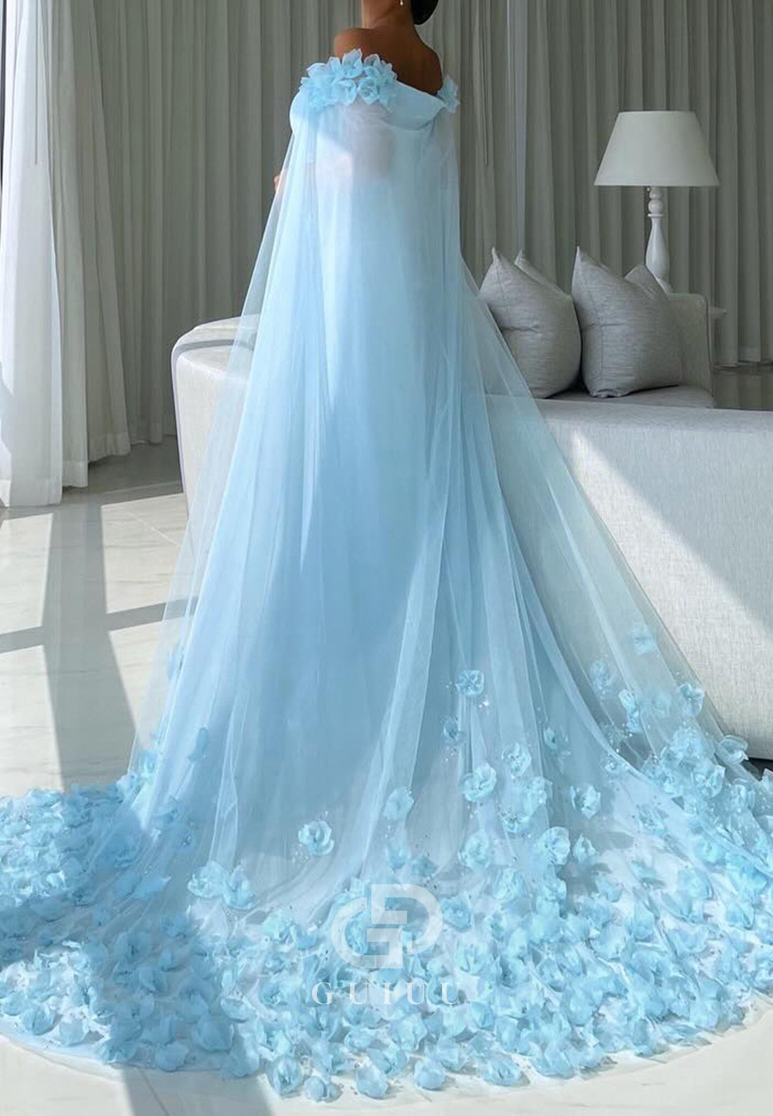 Charming A-Line Off-Shoulder Floral Appliques Sweep Train Prom Dress