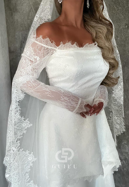 Long Sleeves Off-Shoulder Empire-Waist Lace Wedding Dress