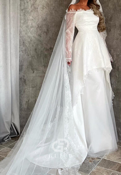 Long Sleeves Off-Shoulder Empire-Waist Lace Wedding Dress