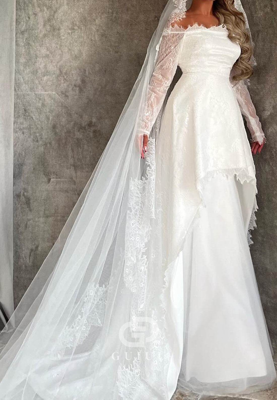 Long Sleeves Off-Shoulder Empire-Waist Lace Wedding Dress