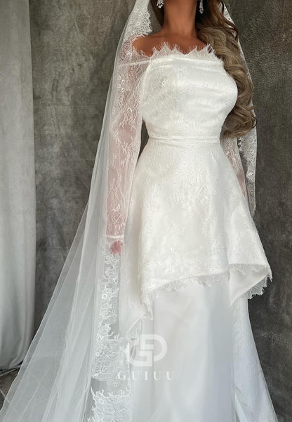 Long Sleeves Off-Shoulder Empire-Waist Lace Wedding Dress