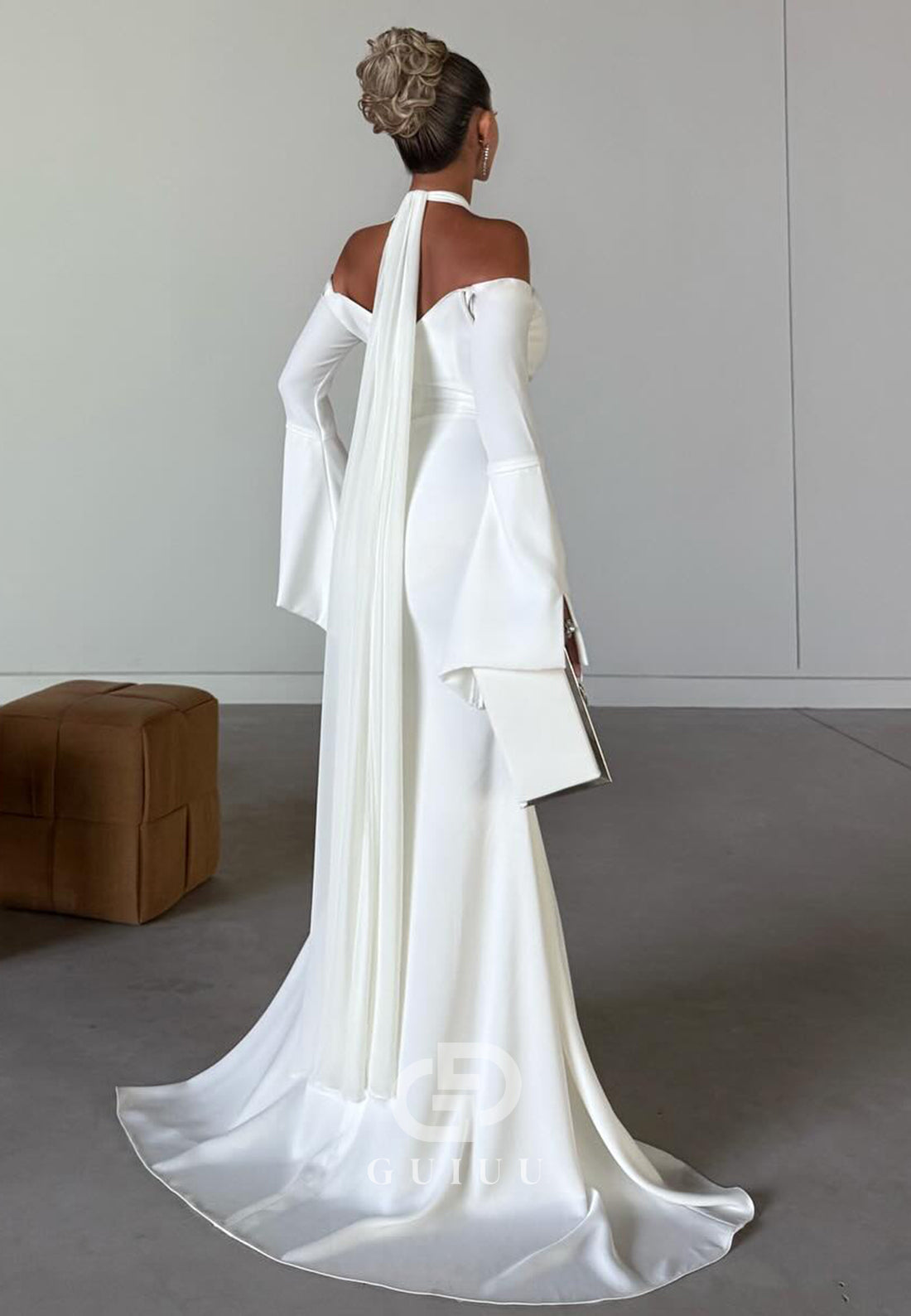 Simple Halter Long Sleeves Corset Lace-UP Back Wedding Dress