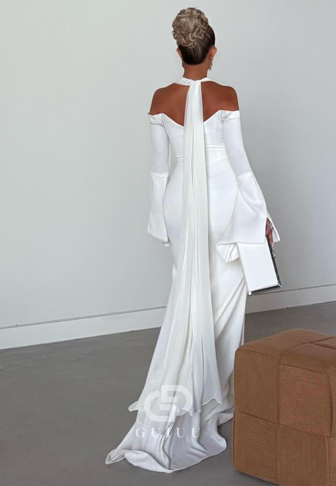 Simple Halter Long Sleeves Corset Lace-UP Back Wedding Dress