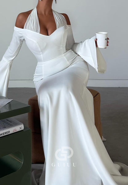 Simple Halter Long Sleeves Corset Lace-UP Back Wedding Dress