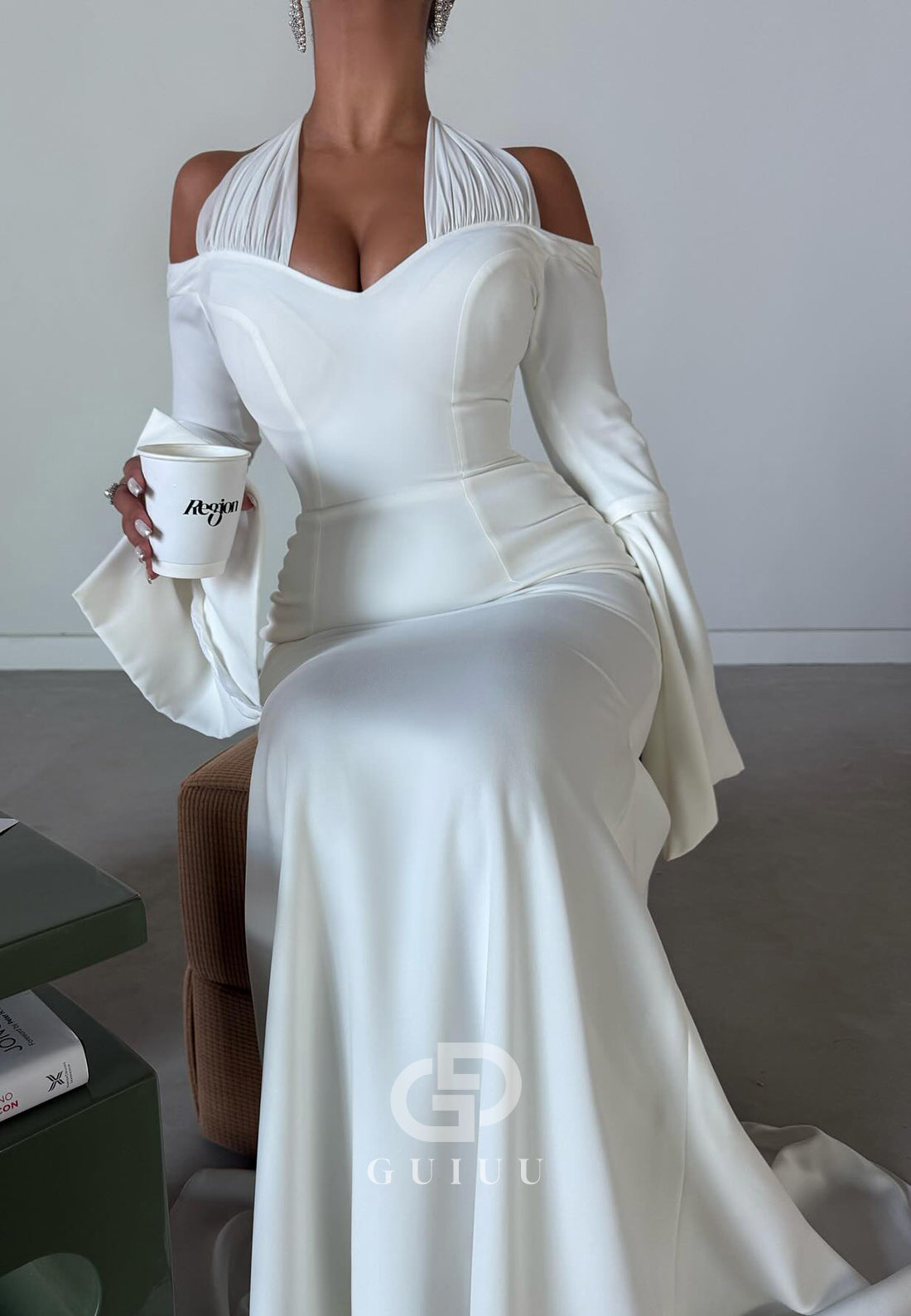 Simple Halter Long Sleeves Corset Lace-UP Back Wedding Dress