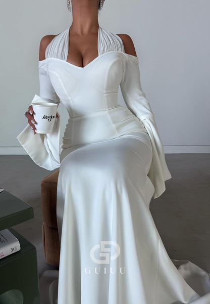 Simple Halter Long Sleeves Corset Lace-UP Back Wedding Dress