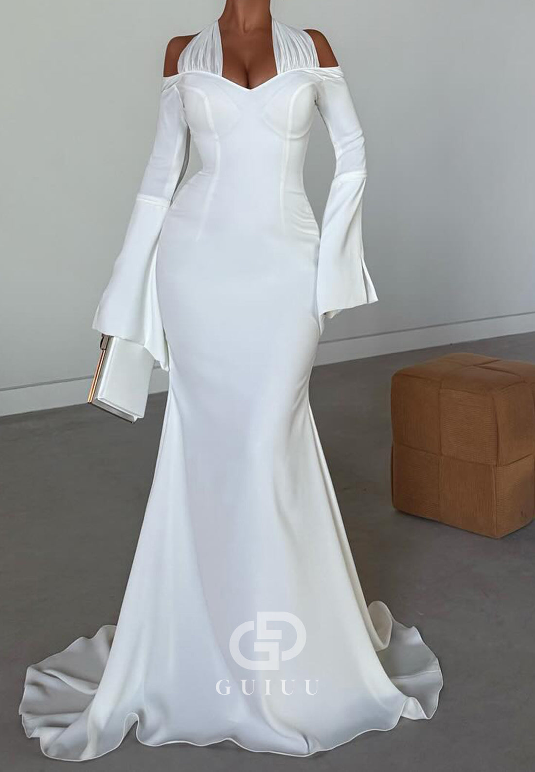 Simple Halter Long Sleeves Corset Lace-UP Back Wedding Dress