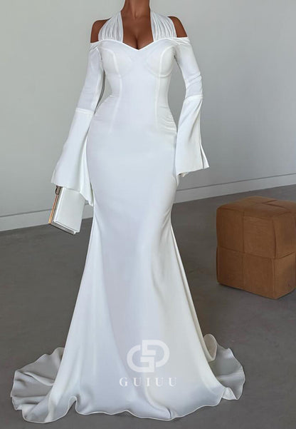 Simple Halter Long Sleeves Corset Lace-UP Back Wedding Dress