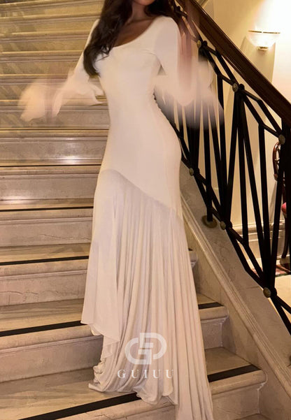 Simple Long Sleeves Square Ruched A-Line Wedding Dress