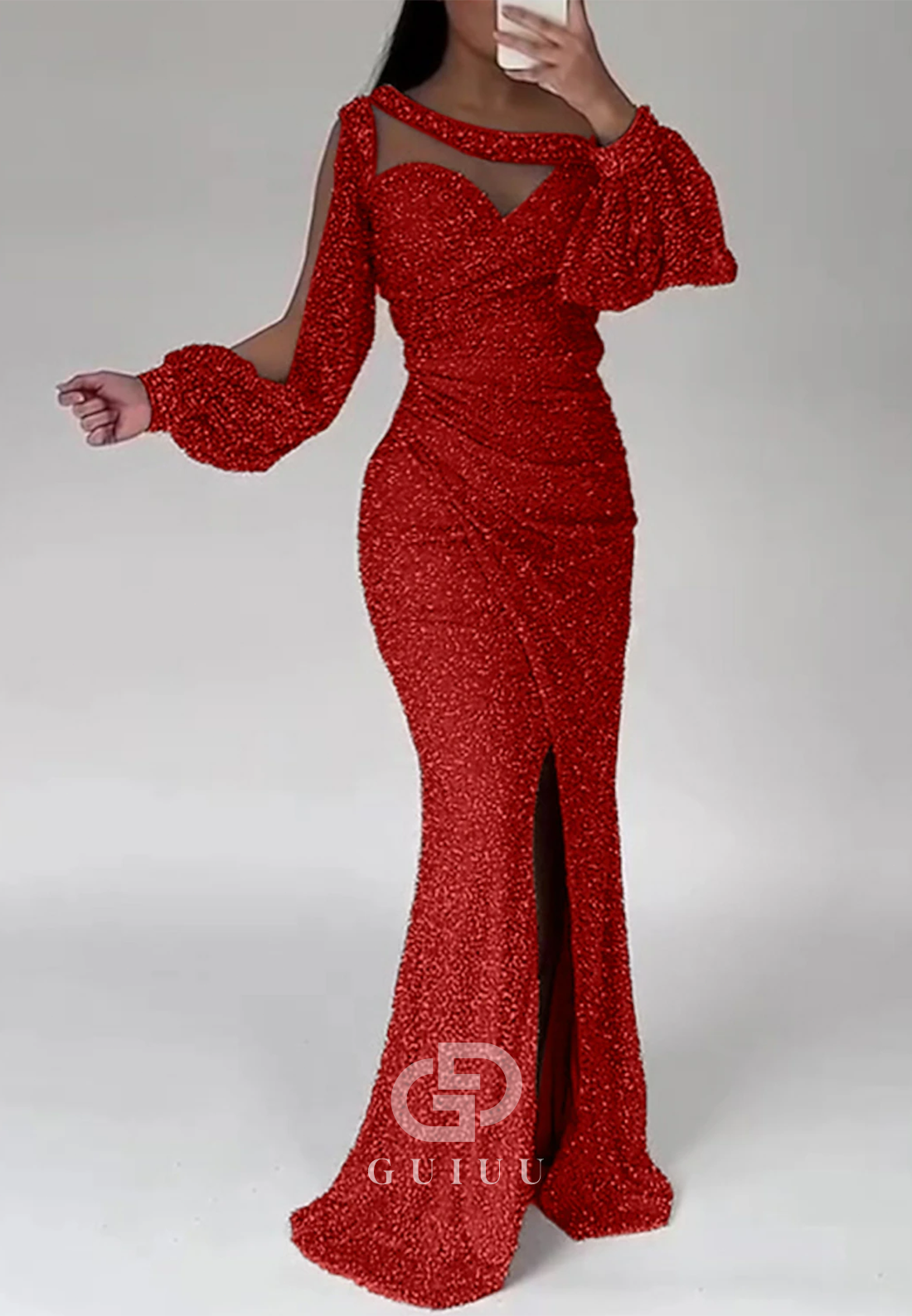 Asymmmetrical Long Sleeves Slit Sequins Floor-Length Evening Dress