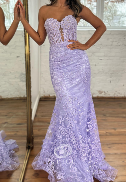 Sheath Strapless Sleeveless Fully Appliques Long Prom Dress with Train