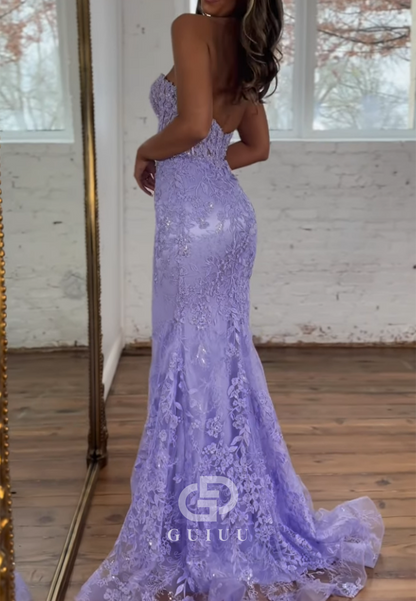 Sheath Strapless Sleeveless Fully Appliques Long Prom Dress with Train