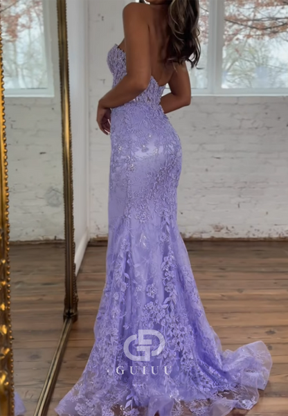 Sheath Strapless Sleeveless Fully Appliques Long Prom Dress with Train