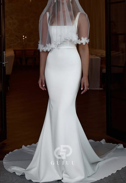 Simple Spaghetti Straps Square Satin Wedding Dress