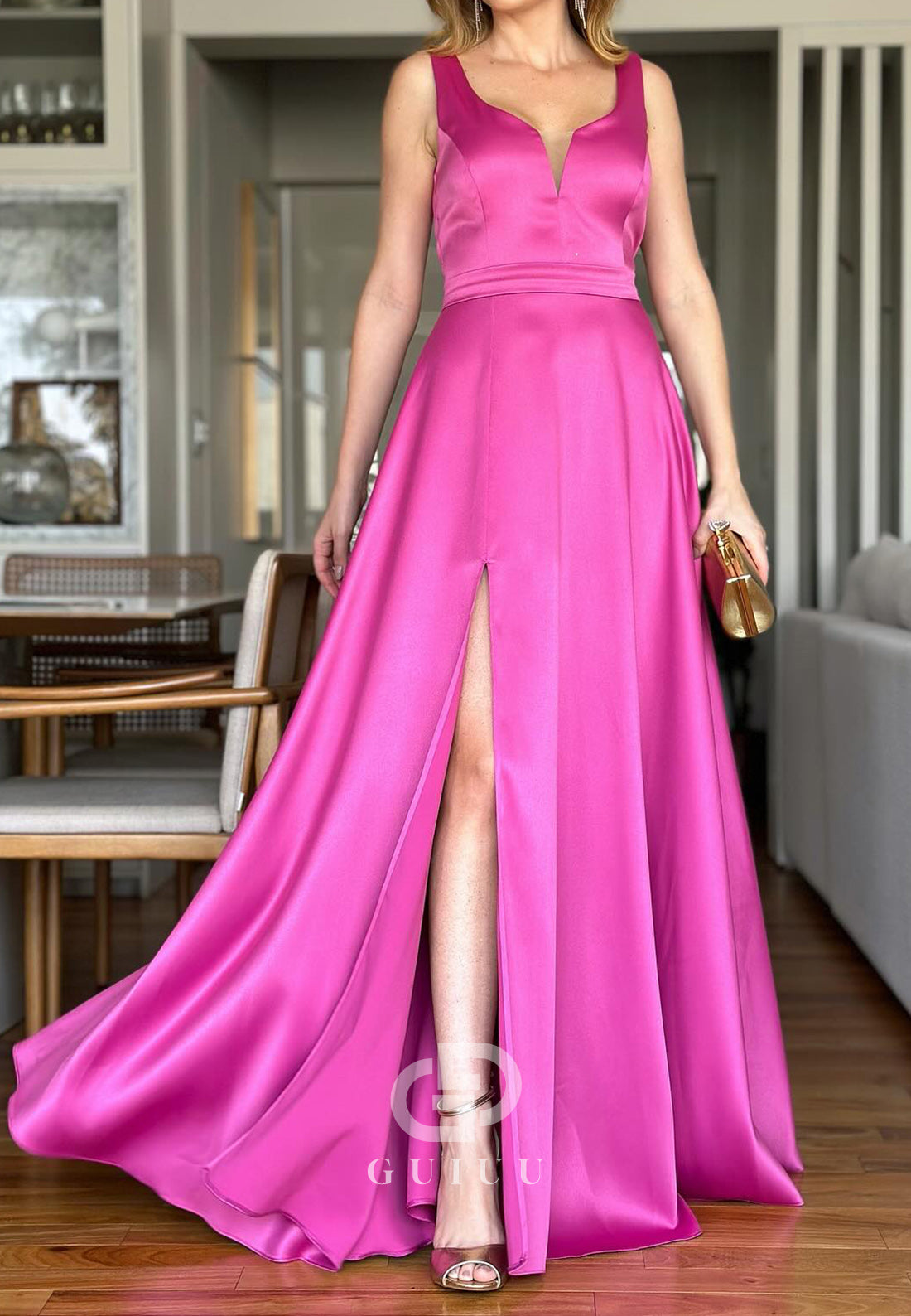 Simple A-Line Spagheeti Straps Scoop Slit Mother of the Bride Dress