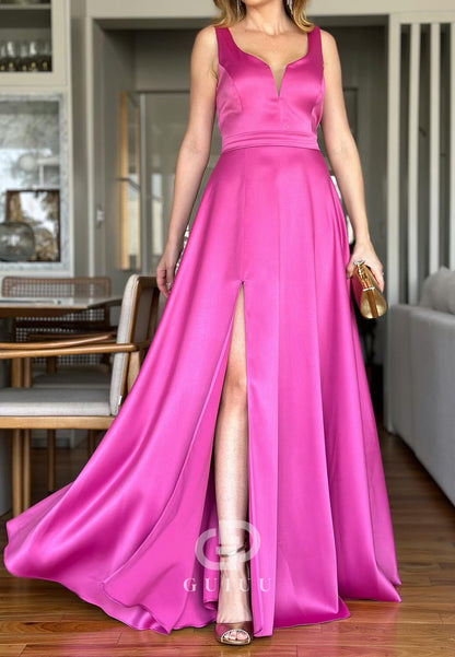 Simple A-Line Spagheeti Straps Scoop Slit Mother of the Bride Dress