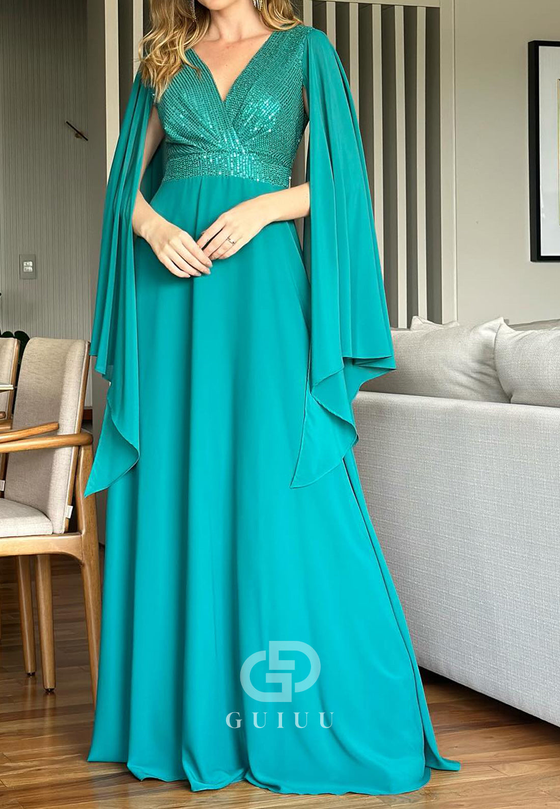 A-Line Long Sleeves V-Neck Empire-Waist Mother of the Bride Dress
