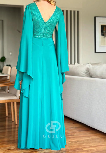 A-Line Long Sleeves V-Neck Empire-Waist Mother of the Bride Dress