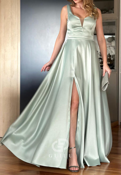 Simple A-Line Spagheeti Straps Scoop Slit Mother of the Bride Dress