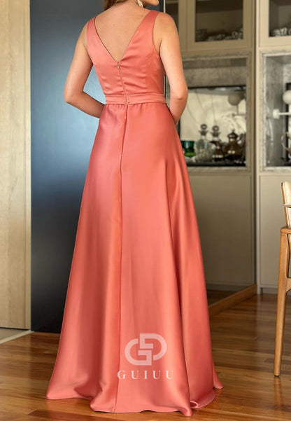 Simple A-Line Spagheeti Straps Scoop Slit Mother of the Bride Dress