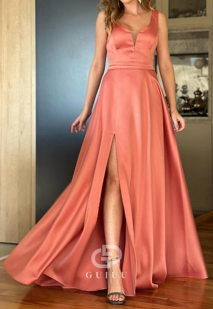 Simple A-Line Spagheeti Straps Scoop Slit Mother of the Bride Dress