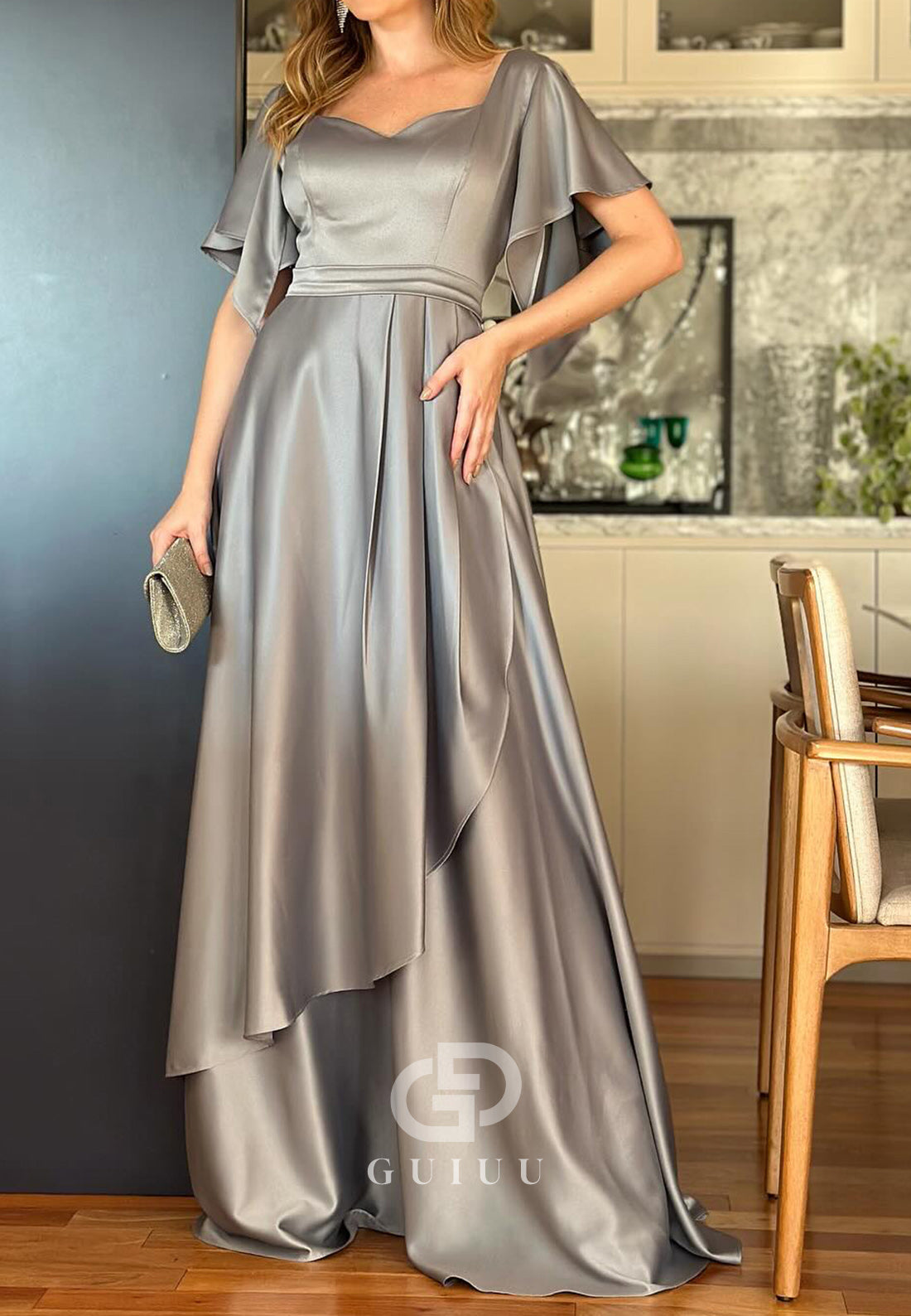 A-Line Short Sleeves Scoop Empire-Waist Mother of the Bride Dress