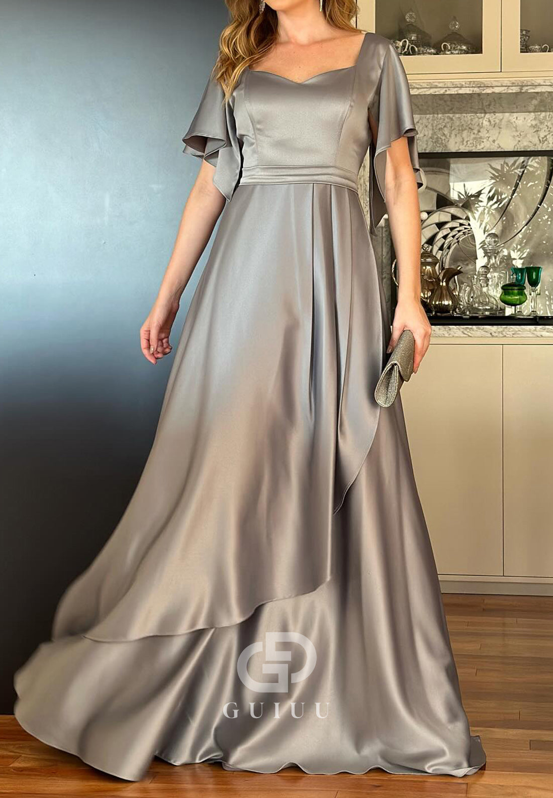 A-Line Short Sleeves Scoop Empire-Waist Mother of the Bride Dress