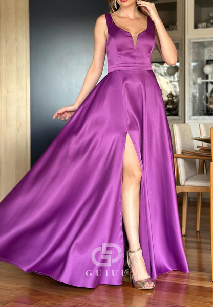 Simple A-Line Spagheeti Straps Scoop Slit Mother of the Bride Dress