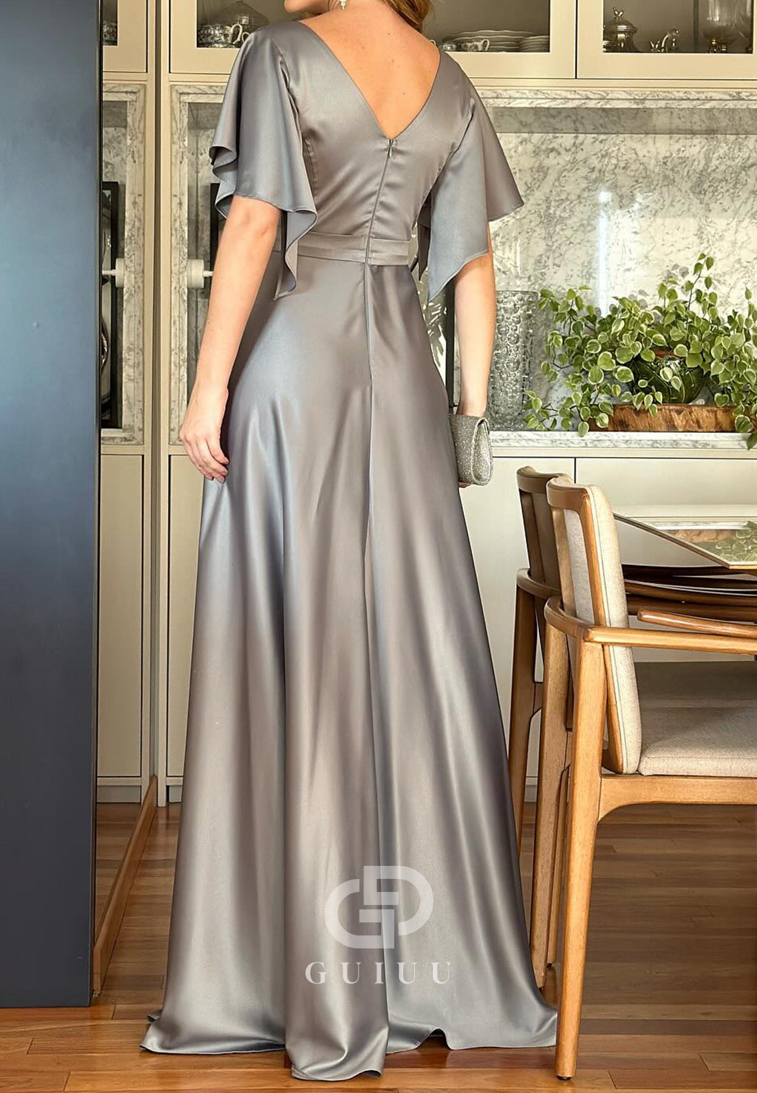 A-Line Short Sleeves Scoop Empire-Waist Mother of the Bride Dress