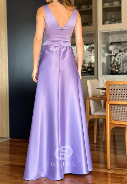 Simple A-Line Spagheeti Straps Scoop Slit Mother of the Bride Dress