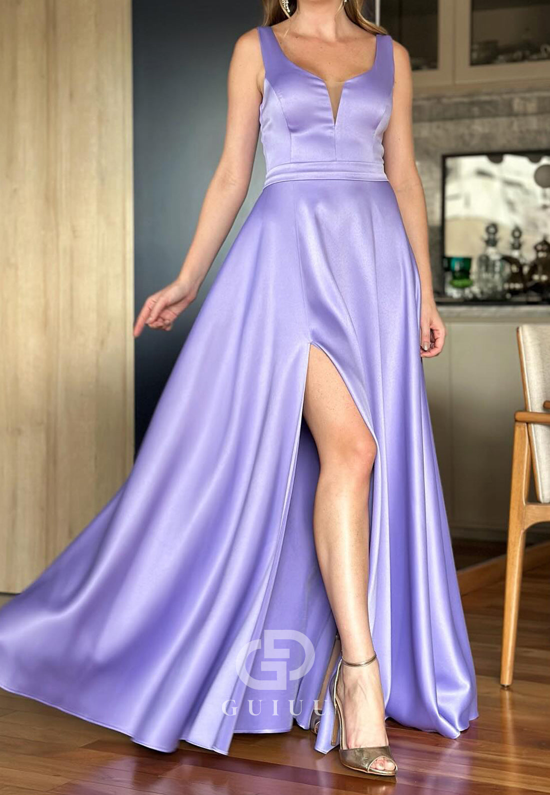 Simple A-Line Spagheeti Straps Scoop Slit Mother of the Bride Dress