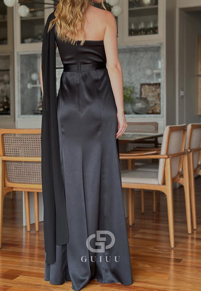 Black One Shoulder Floral Appliques Slit Evening Dress