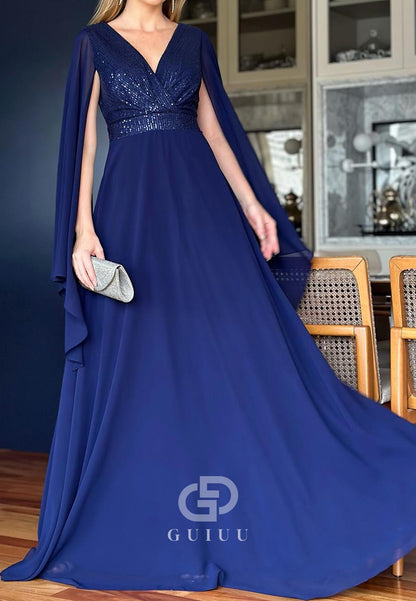 A-Line Long Sleeves V-Neck Empire-Waist Mother of the Bride Dress