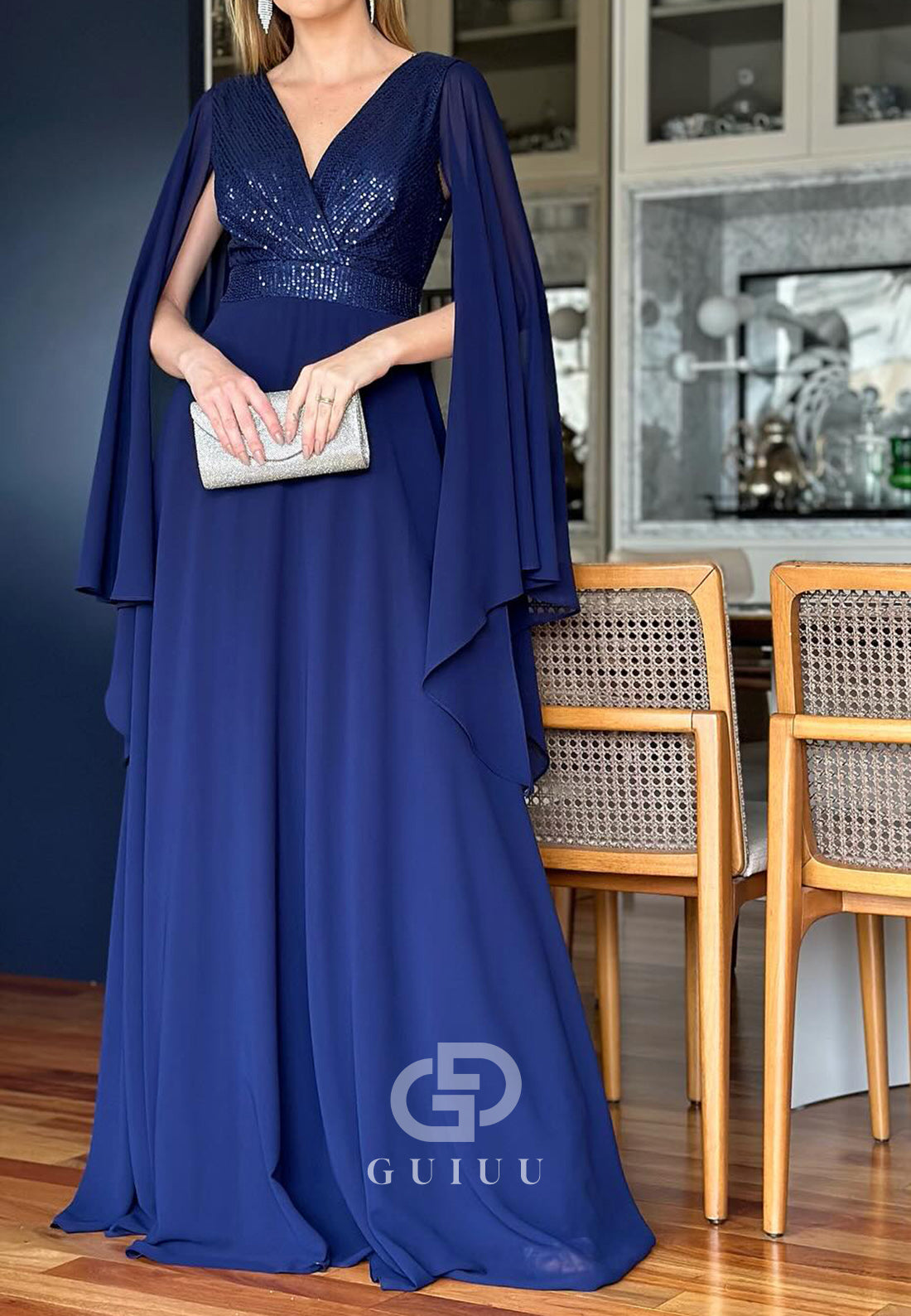 A-Line Long Sleeves V-Neck Empire-Waist Mother of the Bride Dress