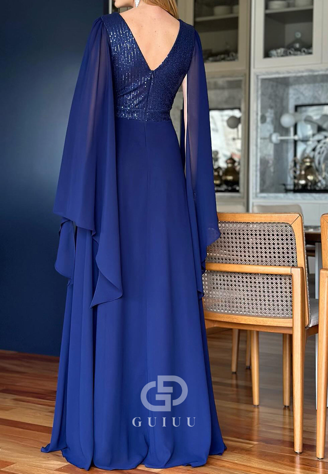 A-Line Long Sleeves V-Neck Empire-Waist Mother of the Bride Dress GUIUU A-Line Long Sleeves V-Neck Empire-Waist Mother of the Bride Dress GUIUU