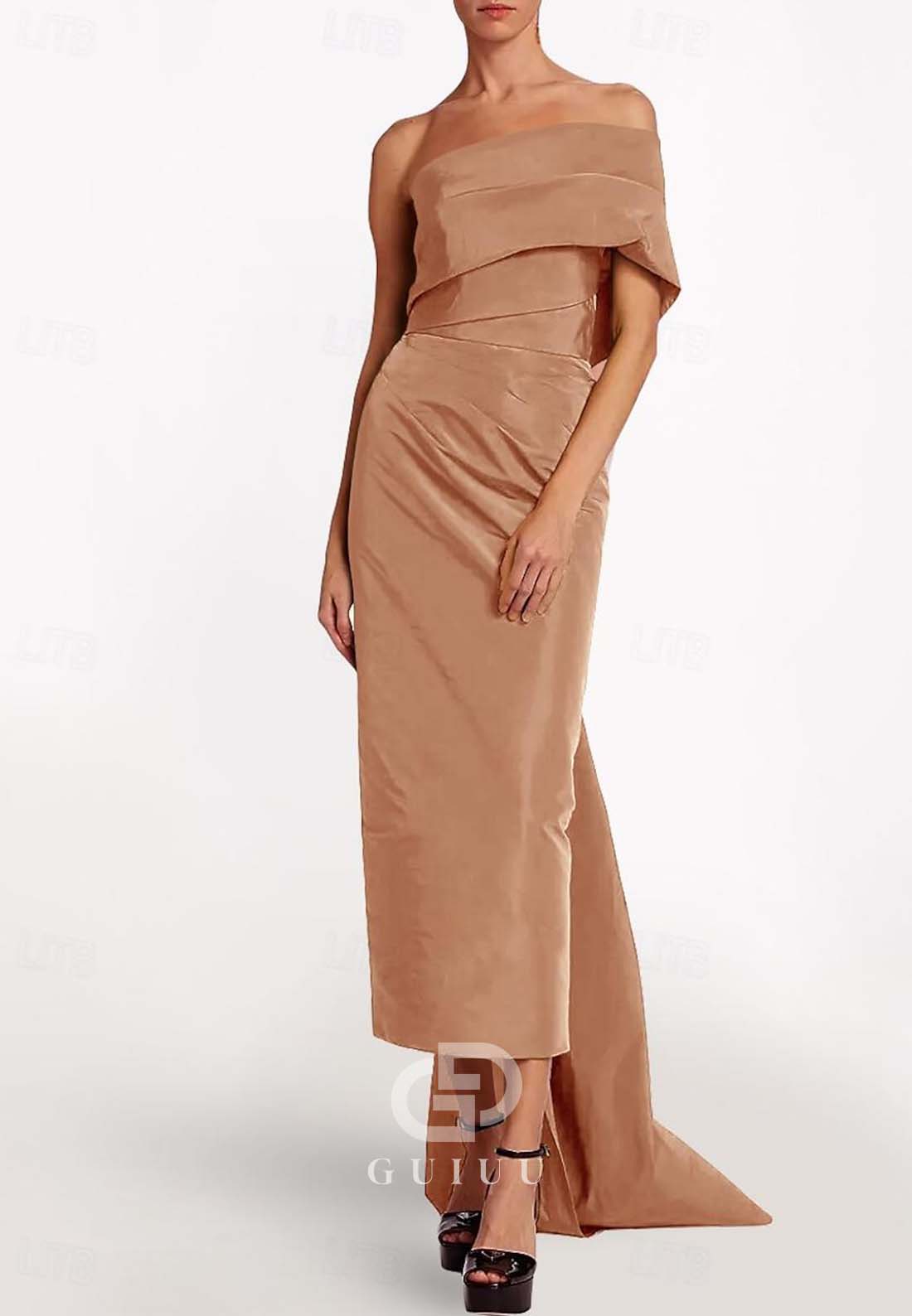 One Shoulder Cap Sleeve Ruched Floor-Length Evening Dress