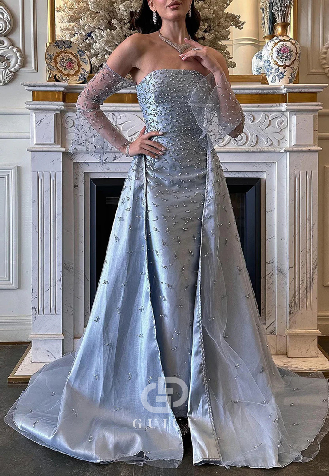 Elegant Long Sleeves Off-Shoulder Sequins Corset Evening Dress