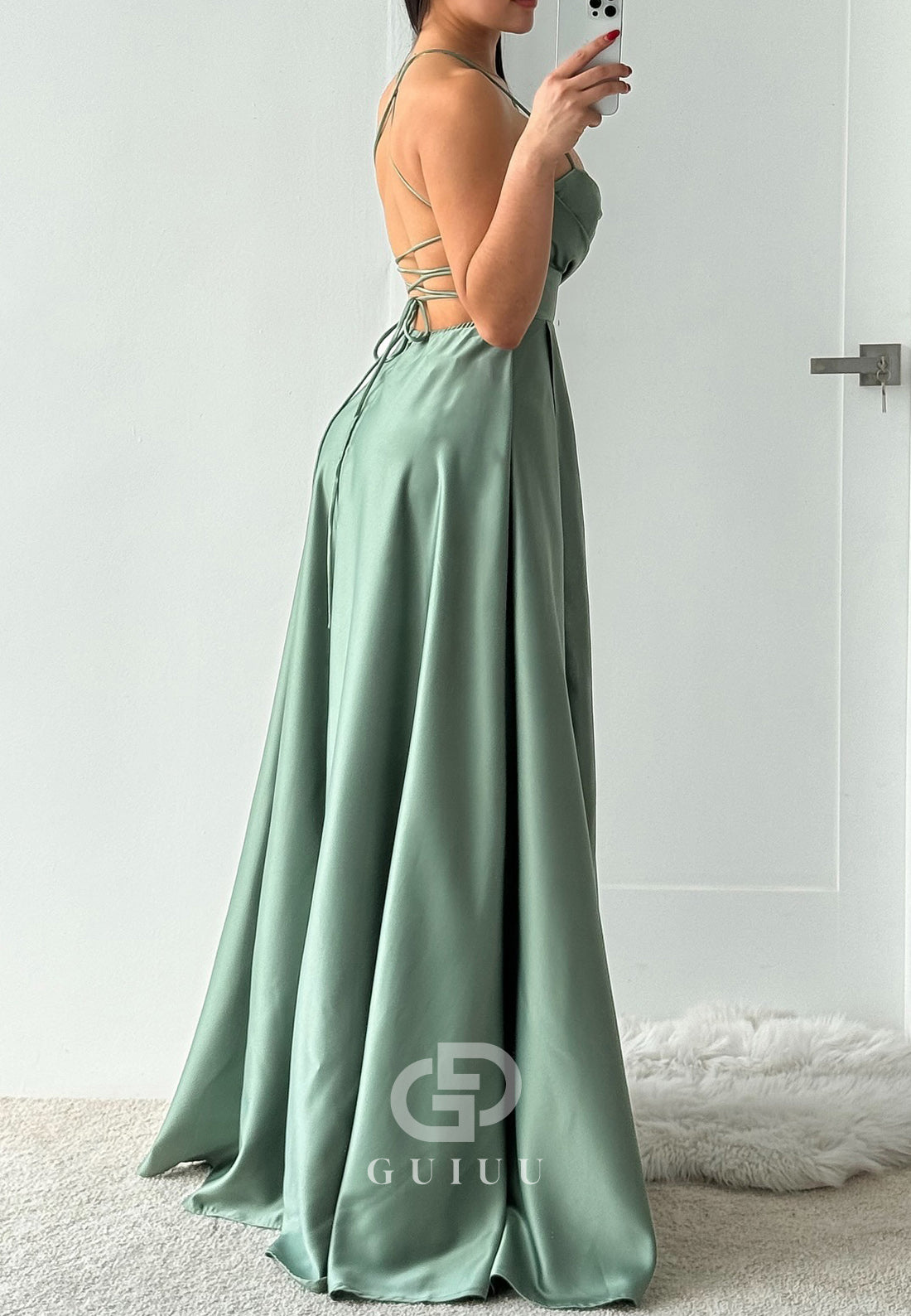 A-Line Spaghetti Straps Sweetheart Prom Dress with Slit Empire-Waist Evening Dress
