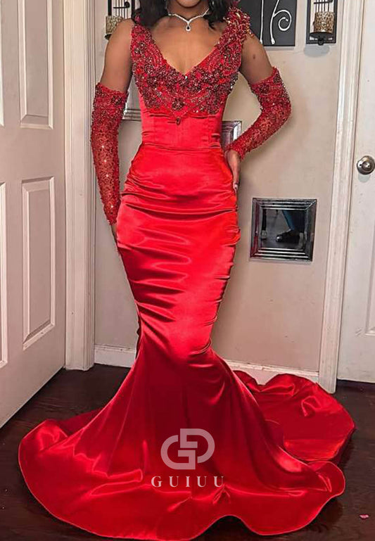 Red Spaghetti Straps V-Neck Mermaid Satin Prom Dress