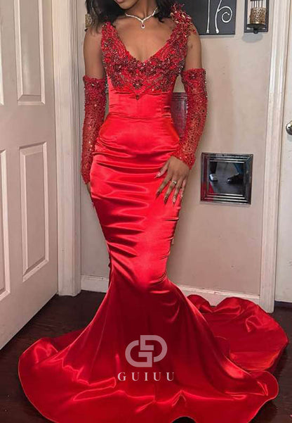 Red Spaghetti Straps V-Neck Mermaid Satin Prom Dress