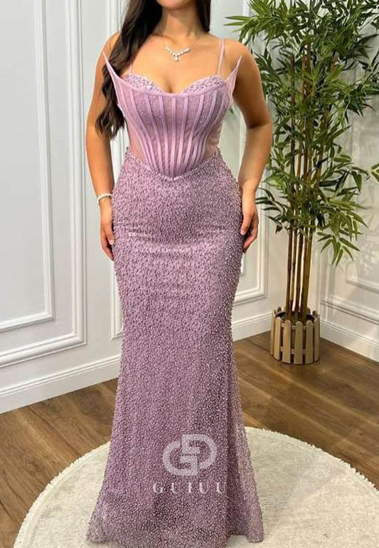 Spaghetti Straps Sweetheart Corset Tulle Sequins Prom Dress